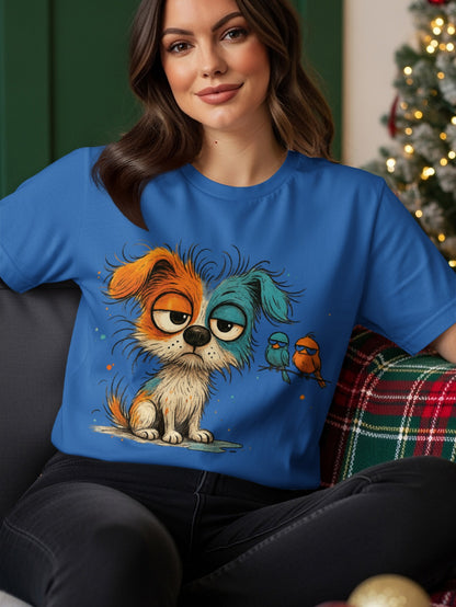 Blue t-shirt with cartoon dog and two small birds, a whimsical illustration.