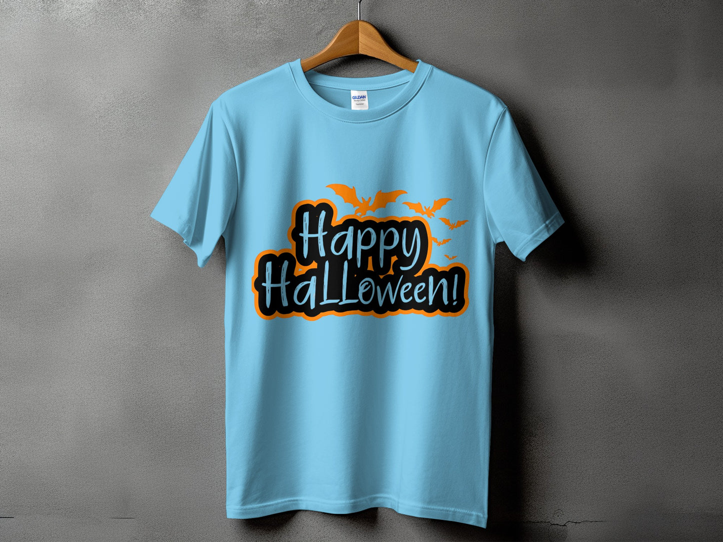 Light blue t-shirt with orange bats and "Happy Halloween!" text.