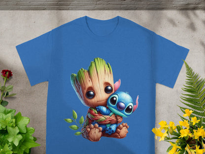 Blue t-shirt featuring Groot and Stitch hugging.