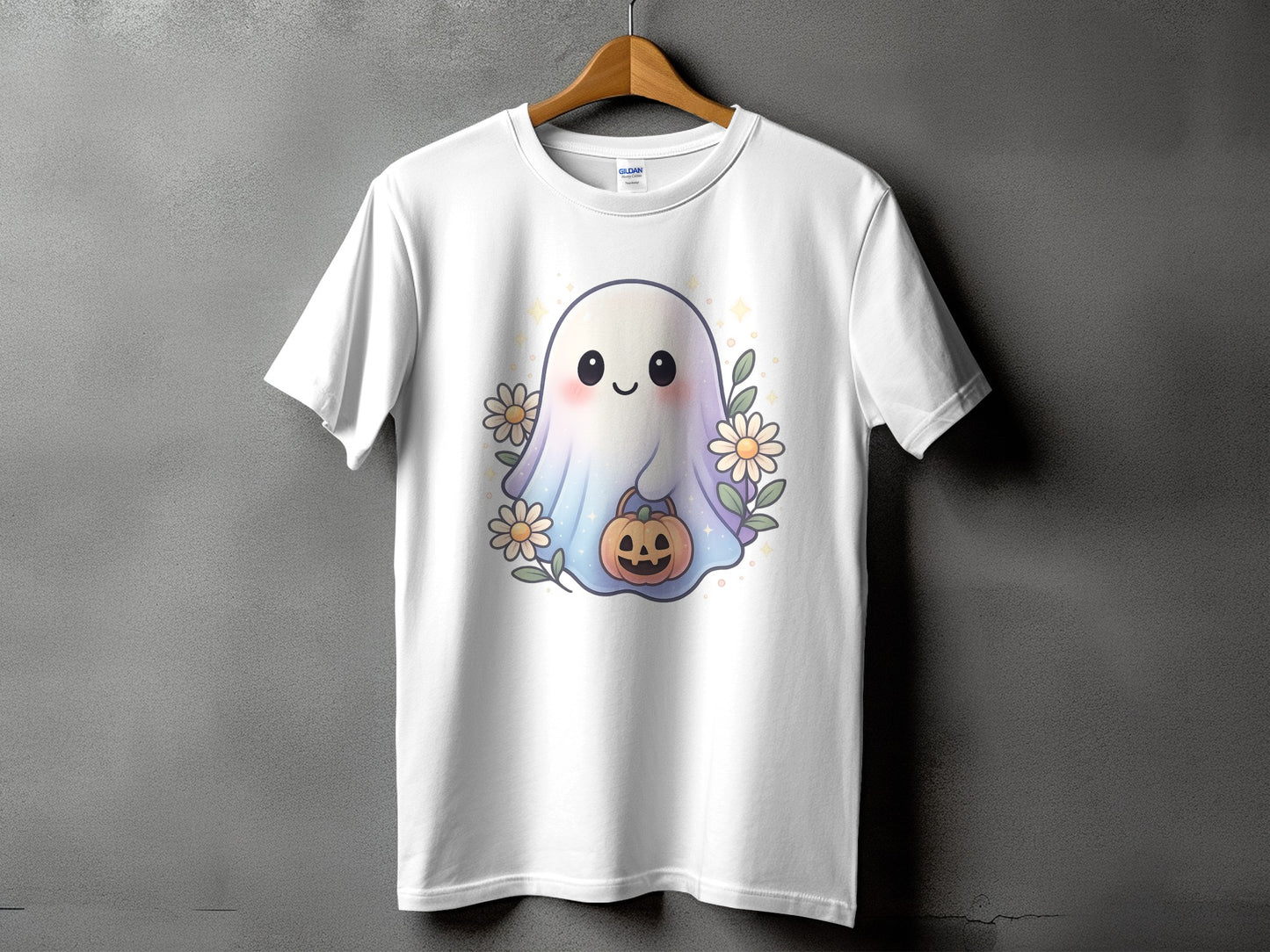 White t-shirt with a cute ghost holding a pumpkin, surrounded by flowers.