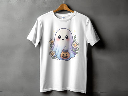 White t-shirt with a cute ghost holding a pumpkin, surrounded by flowers.