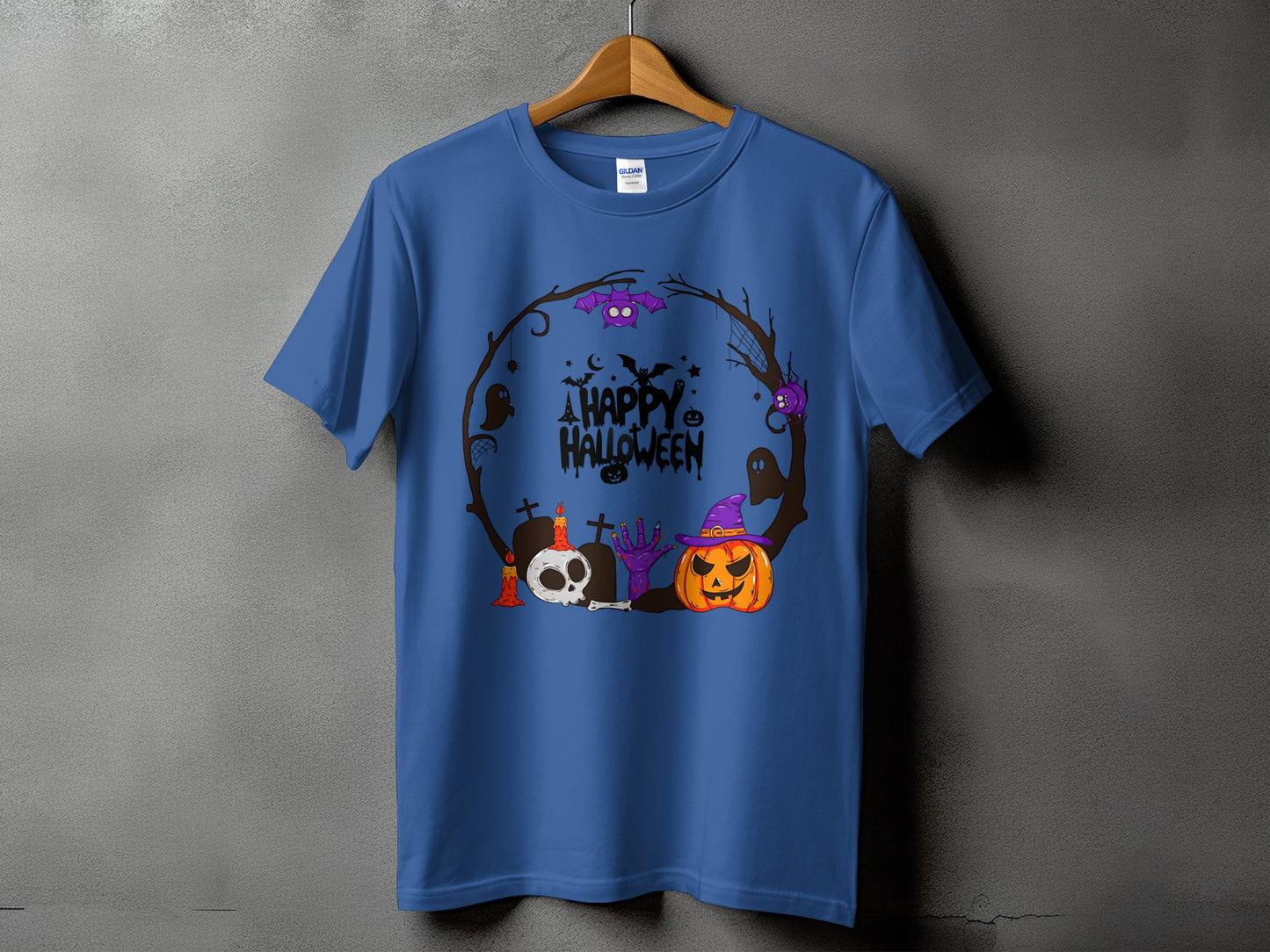 Blue t-shirt with a central Halloween graphic featuring text, bats, ghosts, and a pumpkin.