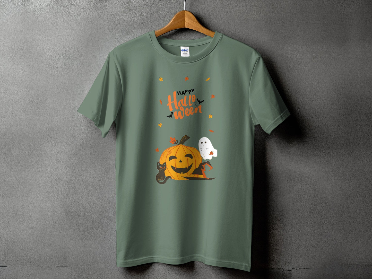 Green t-shirt with "Happy Halloween" text, pumpkin, ghost, black cat, and witch hat graphic.
