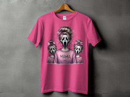Pink t-shirt with "MAMA DES" text and ghost characters.