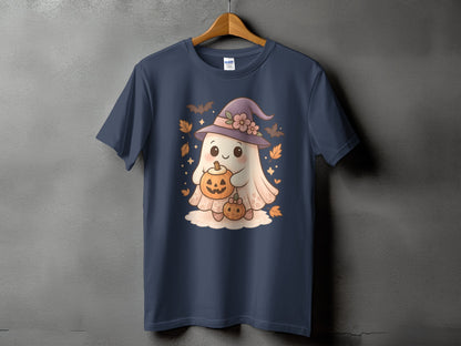 Dark navy t-shirt with a cute cartoon ghost holding pumpkins and wearing a witch hat.