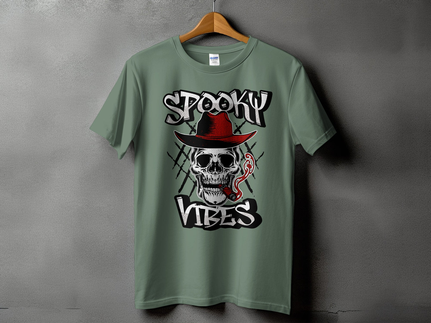 Green t-shirt with skull graphic, red hat, cigar, and text "SPOOKY VIBES".