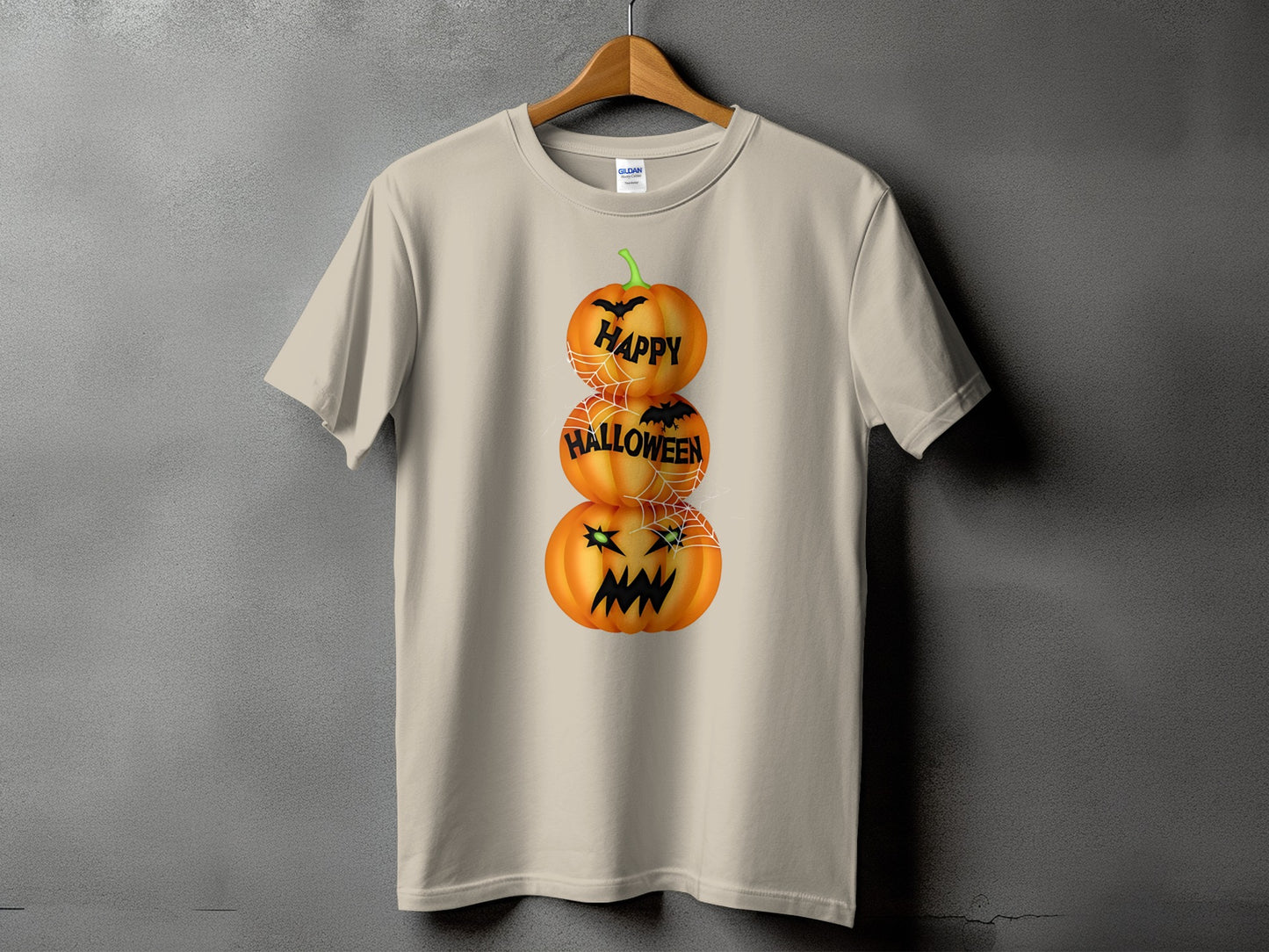Light beige t-shirt with stacked jack-o'-lanterns, "Happy Halloween" text.