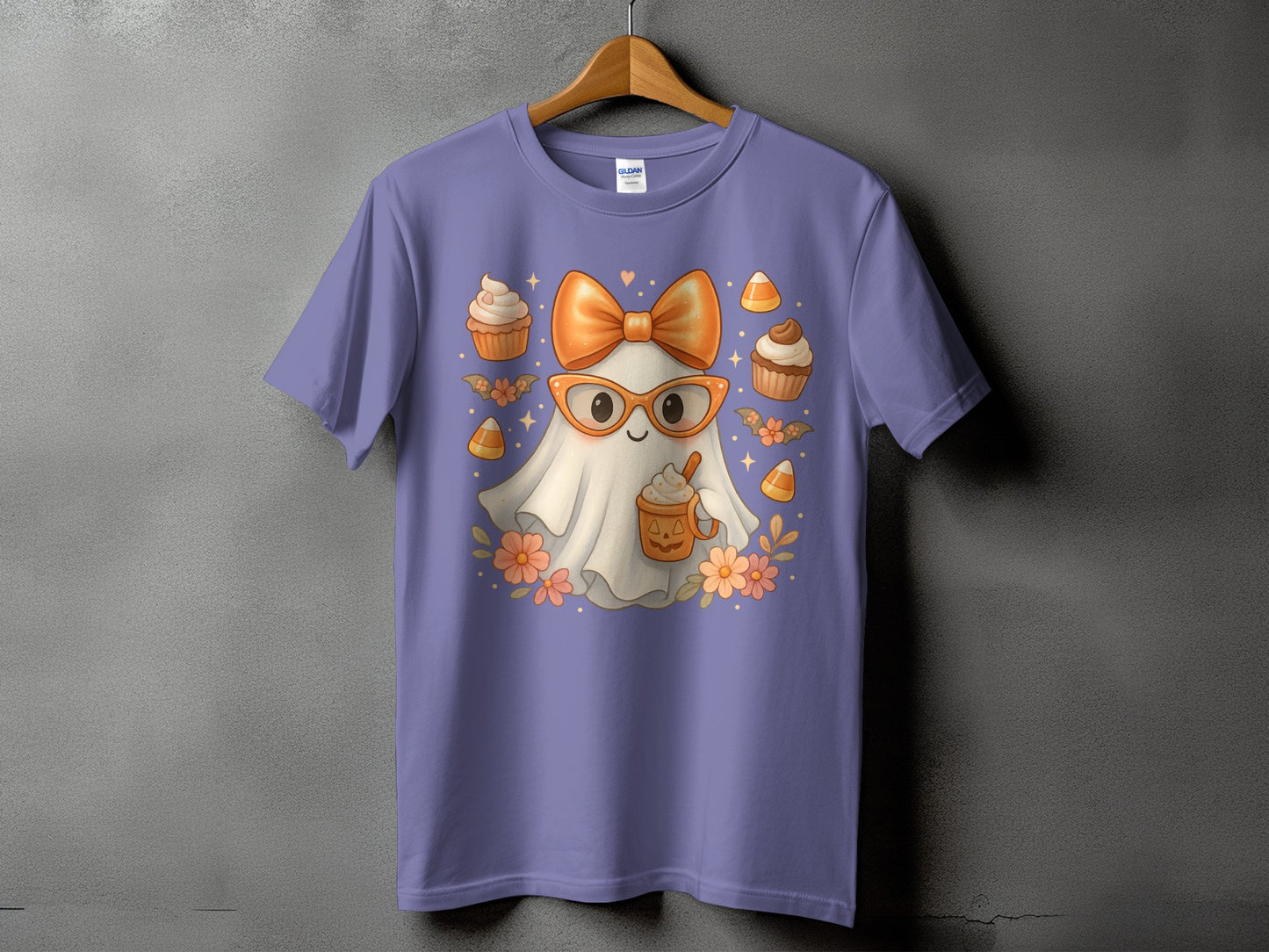 Cute ghost wearing glasses and bow, holding a pumpkin spice latte, surrounded by cupcakes and candy corn.