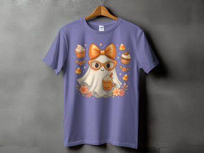 Cute ghost wearing glasses and bow, holding a pumpkin spice latte, surrounded by cupcakes and candy corn.