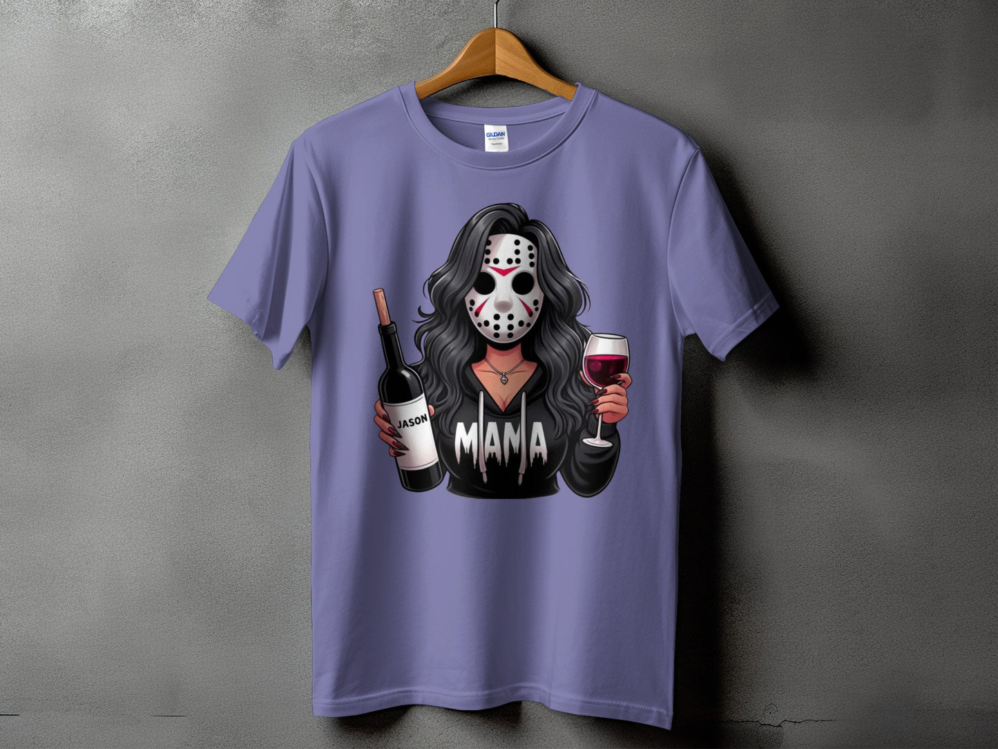 Purple t-shirt with graphic of woman in Jason mask holding wine bottle and glass, text "MAMA".