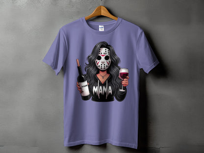 Purple t-shirt with graphic of woman in Jason mask holding wine bottle and glass, text "MAMA".