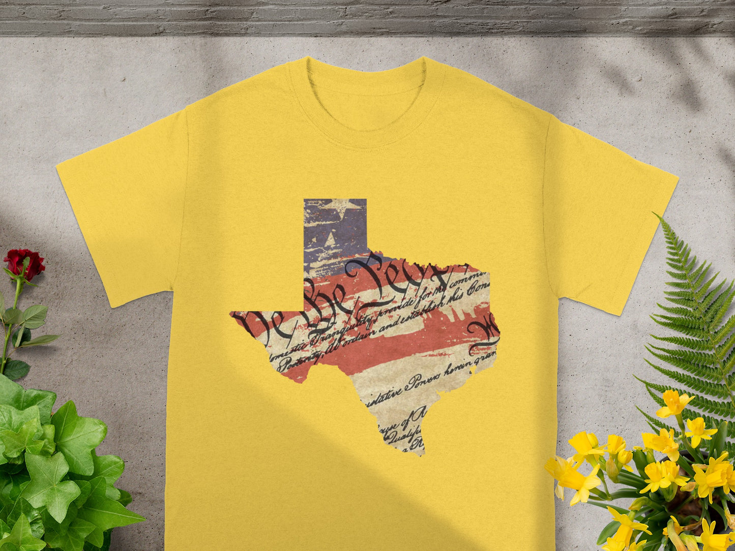 Texas outline with US flag and "We the People" text.
