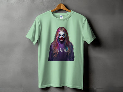 Light green t-shirt with a graphic of a clown with colorful hair and the word "MAMA".
