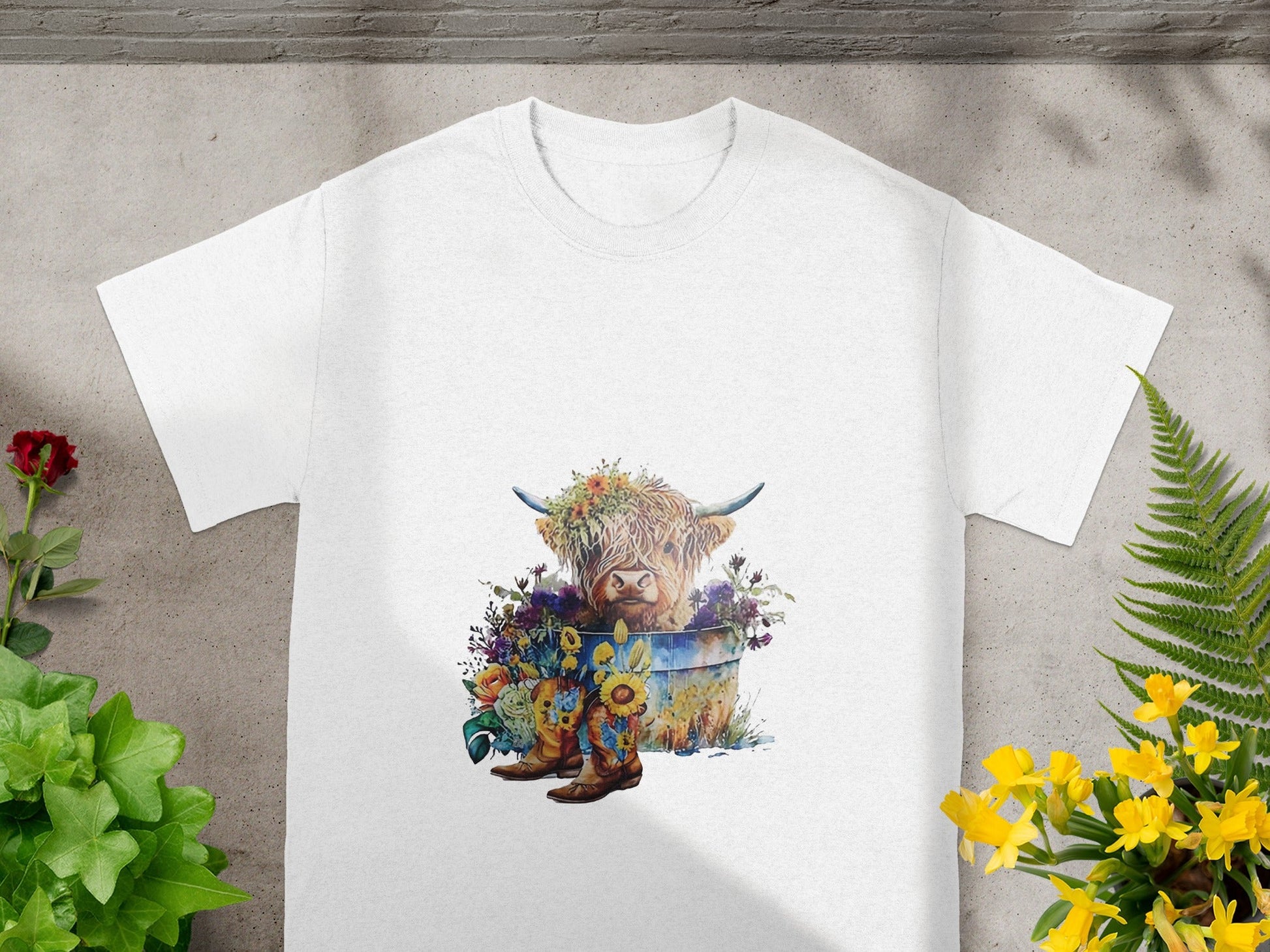 Floral Highland Cow with Boot Accents T-shirt