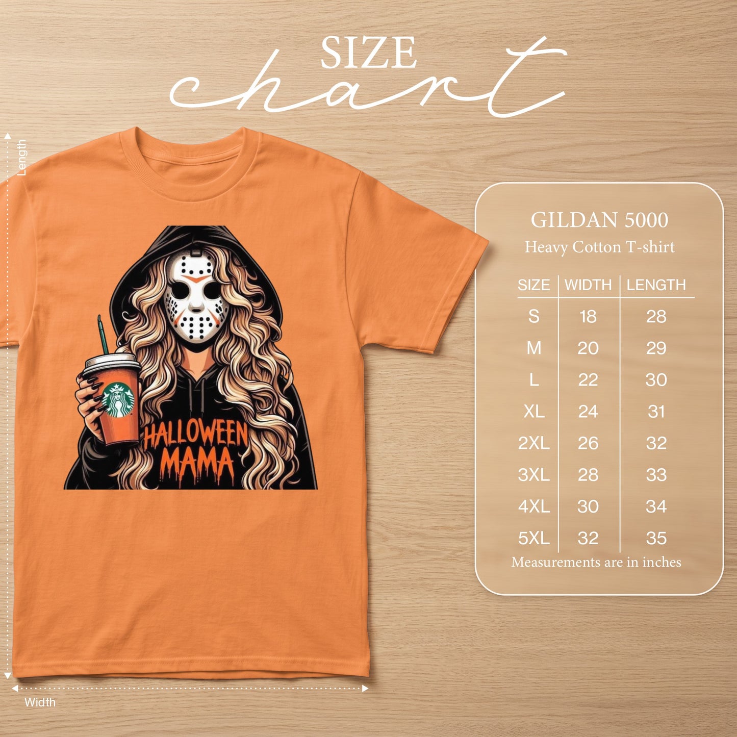 Orange t-shirt with Halloween Mama graphic and size chart.