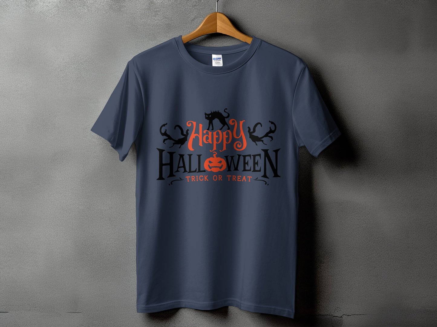 Dark blue t-shirt with "Happy Halloween" text and pumpkin graphic.