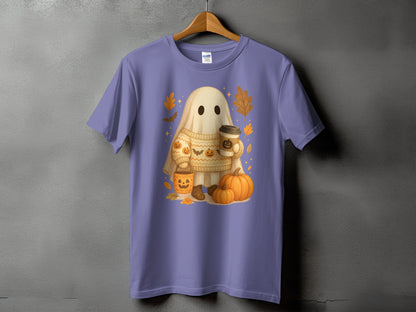 Ghost with sweater, coffee, and pumpkins design on a purple t-shirt.