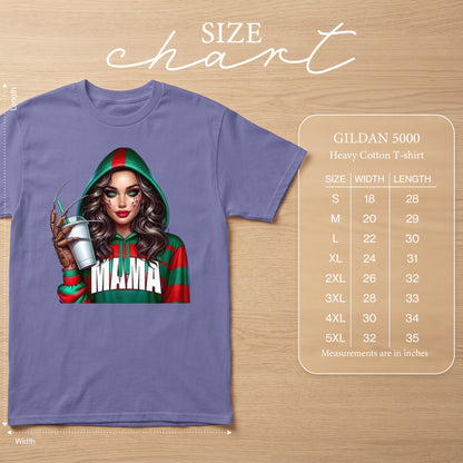 Purple Gildan 5000 t-shirt with graphic of woman and size chart.