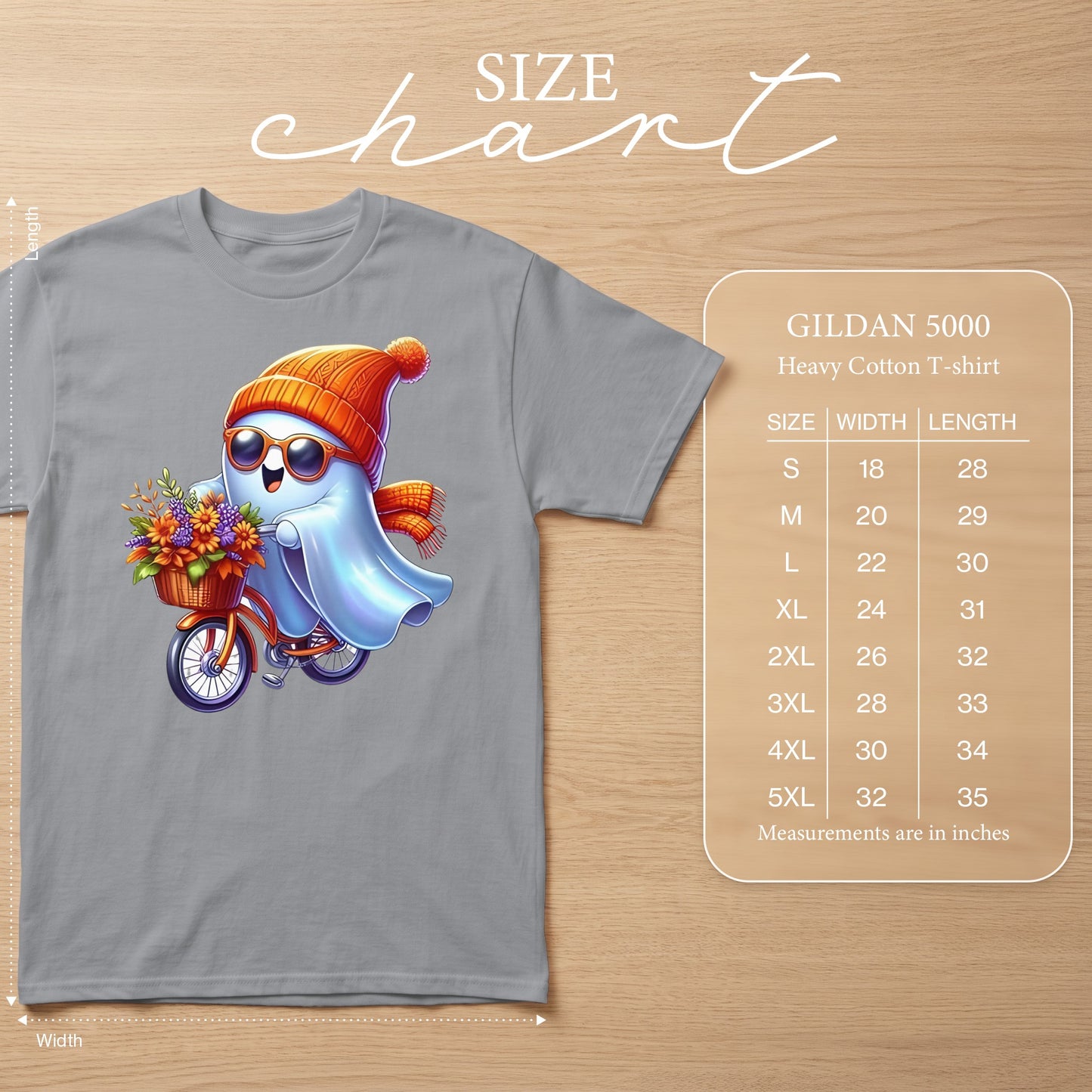 Gray t-shirt with a cartoon ghost riding a bicycle with a basket of flowers.