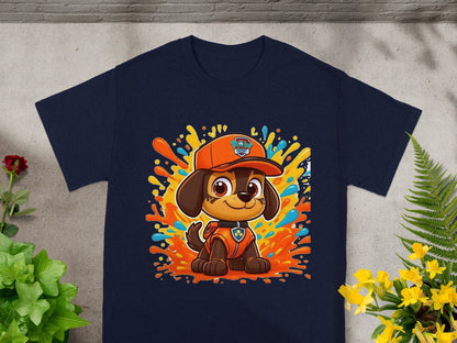 Navy t-shirt featuring Chase from Paw Patrol surrounded by colorful splatters.