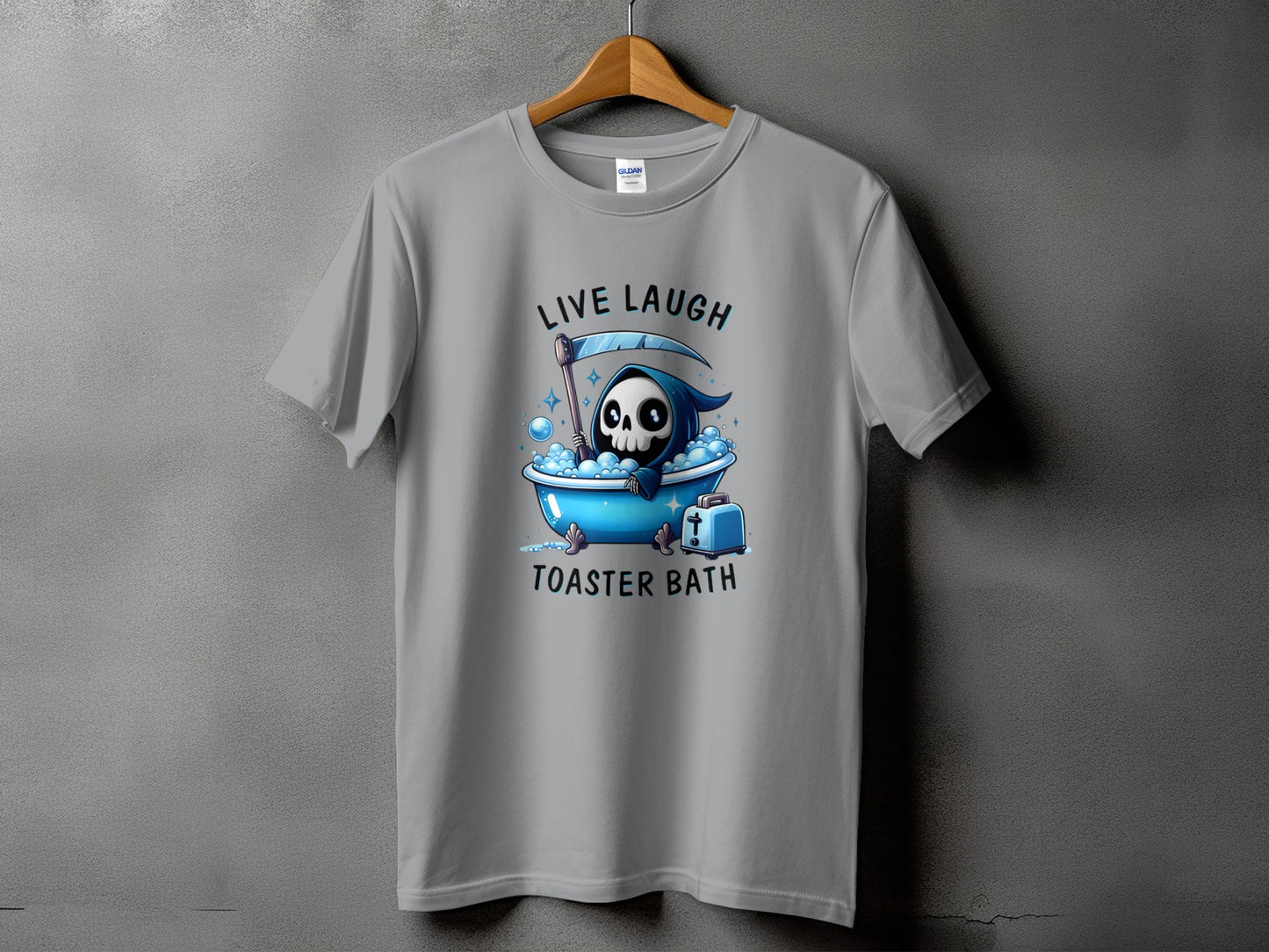 Grim Reaper in bathtub with toaster, text says Live Laugh Toaster Bath.
