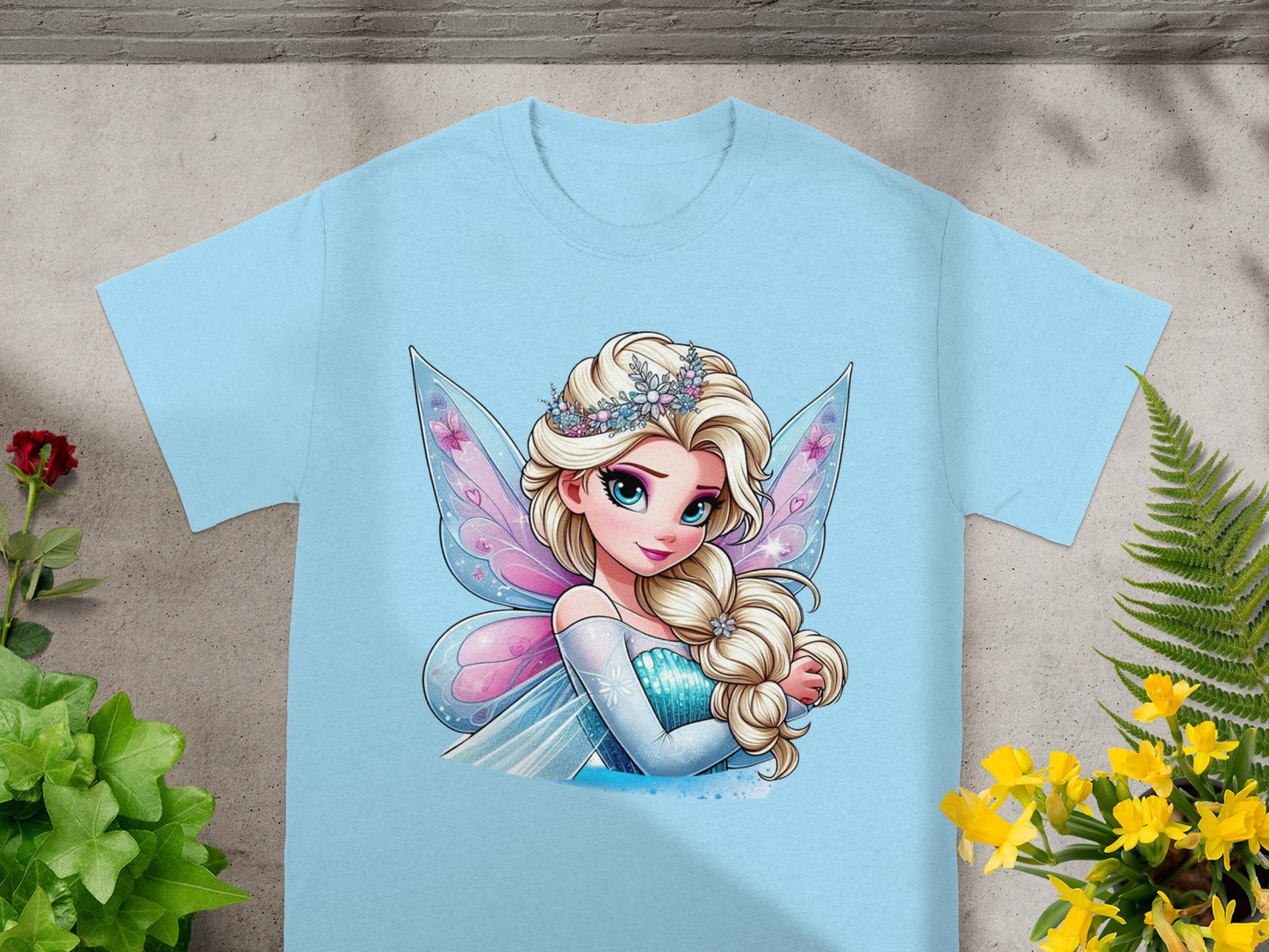 Fairy Princess Character Artwork on Light Blue T-Shirt