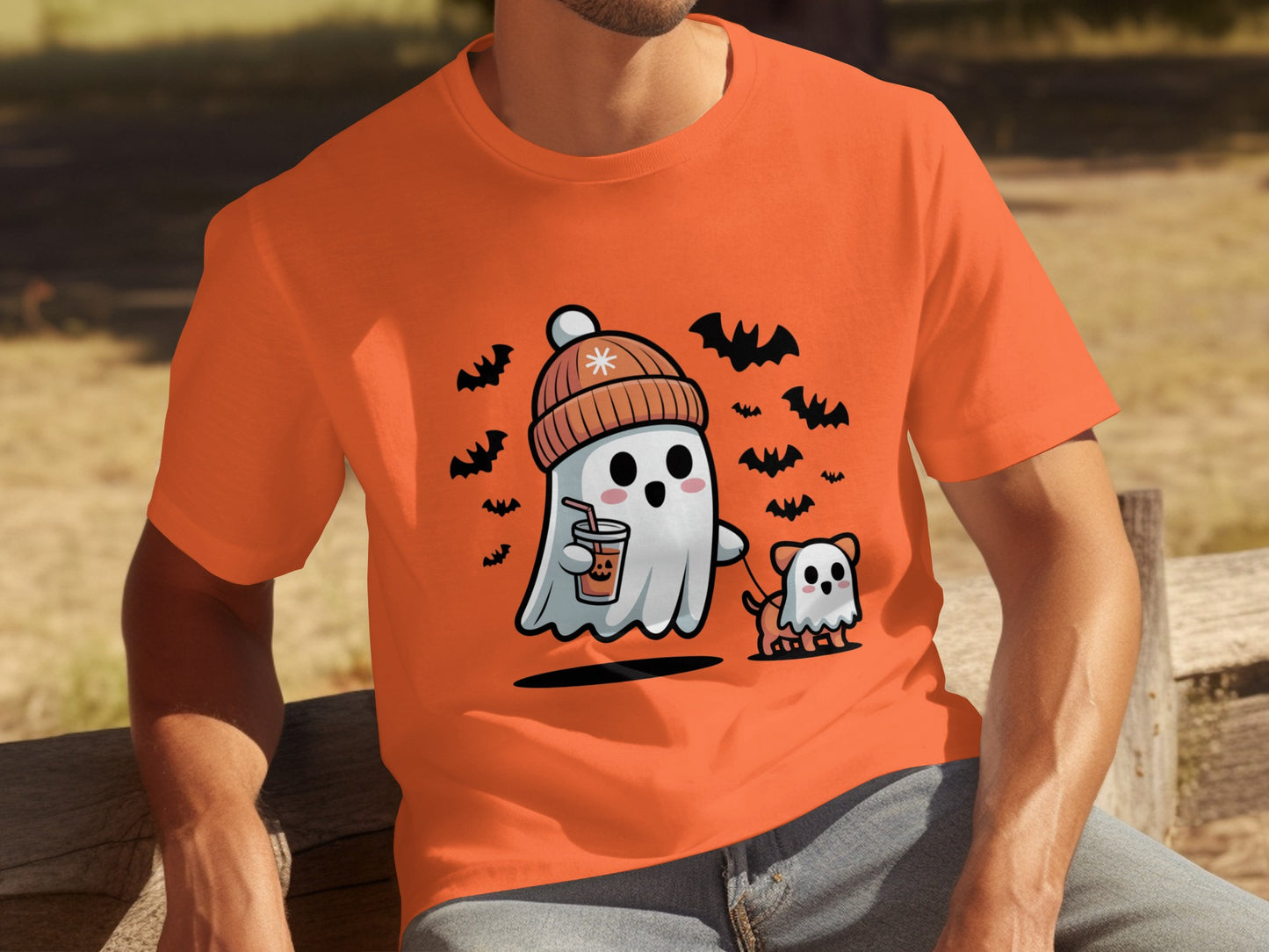 Cute Halloween Ghost With Dog In Orange T-Shirt