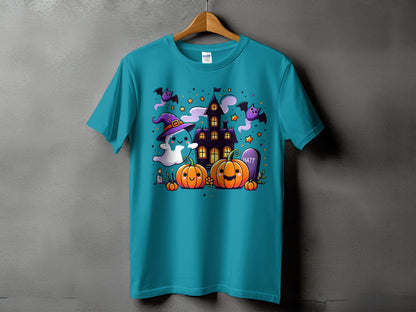 Teal t-shirt with Halloween graphic featuring pumpkins, ghost, bats, haunted house, and tombstone.