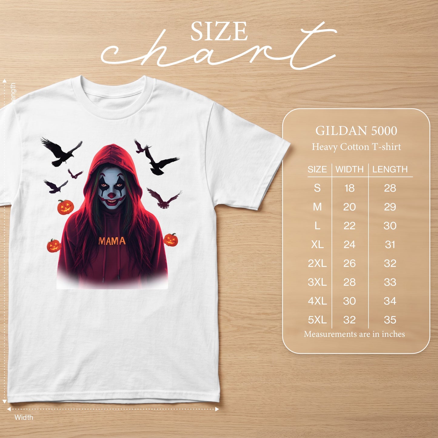 White t-shirt with spooky clown graphic, birds, pumpkins, and size chart.