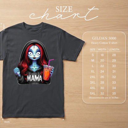 Gildan 5000 Heavy Cotton t-shirt with "Mama" graphic and size chart.