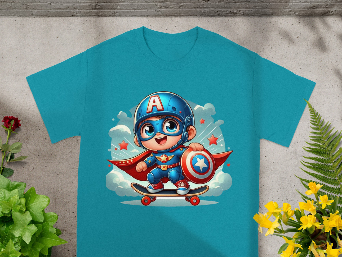 Cartoon superhero child with shield riding a skateboard.