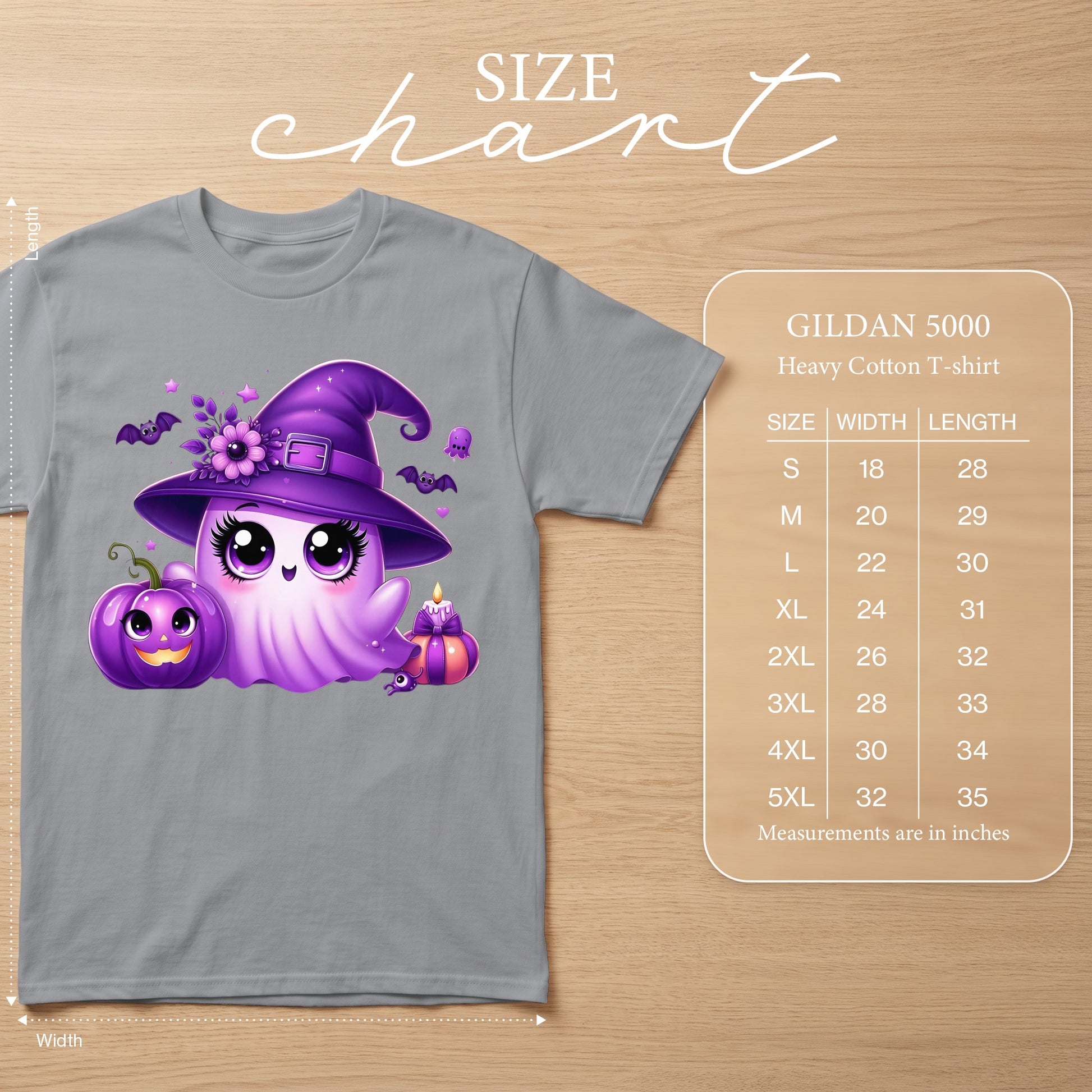 Grey Gildan 5000 heavy cotton t-shirt with purple witch ghost graphic and size chart.