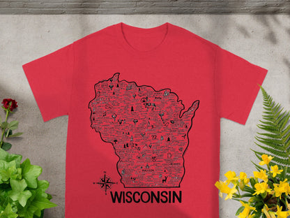 Wisconsin Illustrated Map Red T-Shirt for Sale