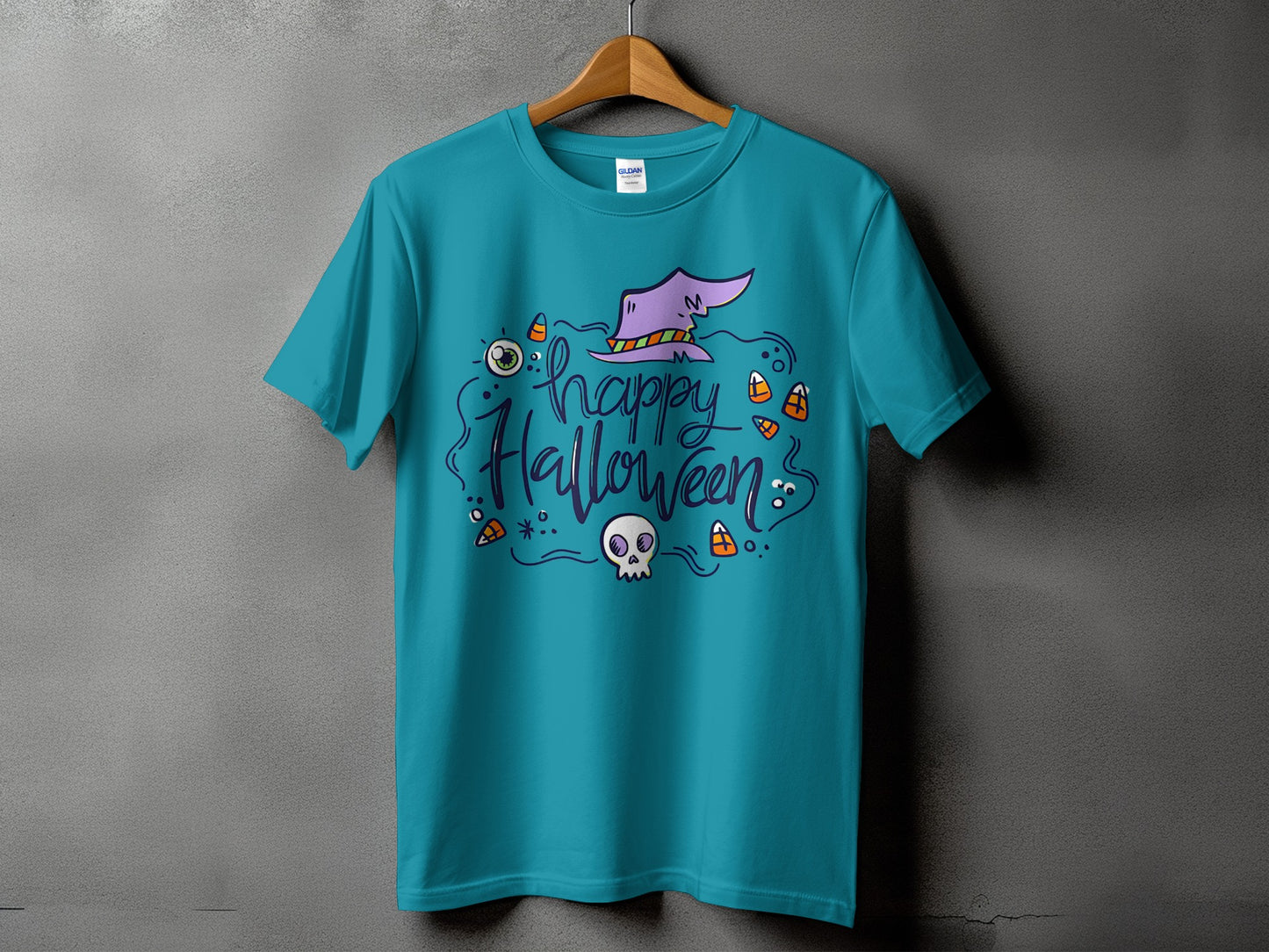 Teal t-shirt with purple witch hat, skull, and "Happy Halloween" text graphic.