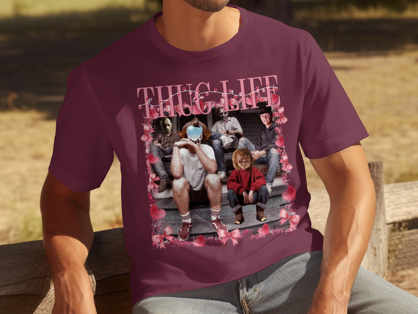 Thug Life Characters Graphic Maroon Colored Shirt