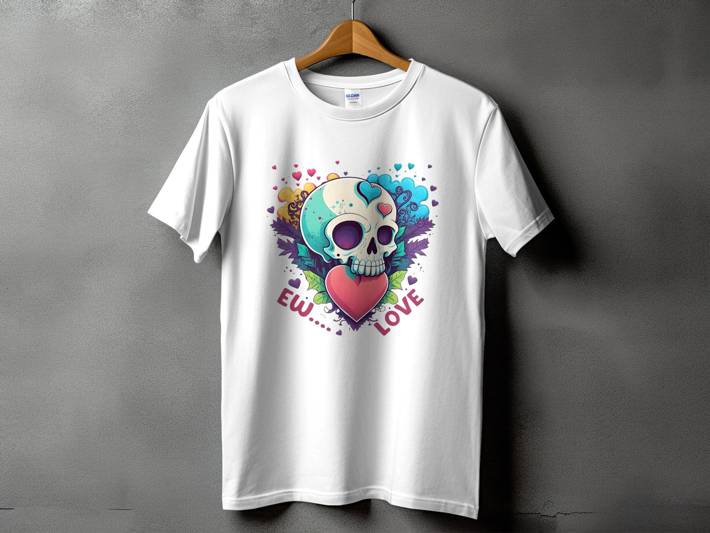 White t-shirt with a colorful skull design featuring hearts and the text "Ew.... Love".
