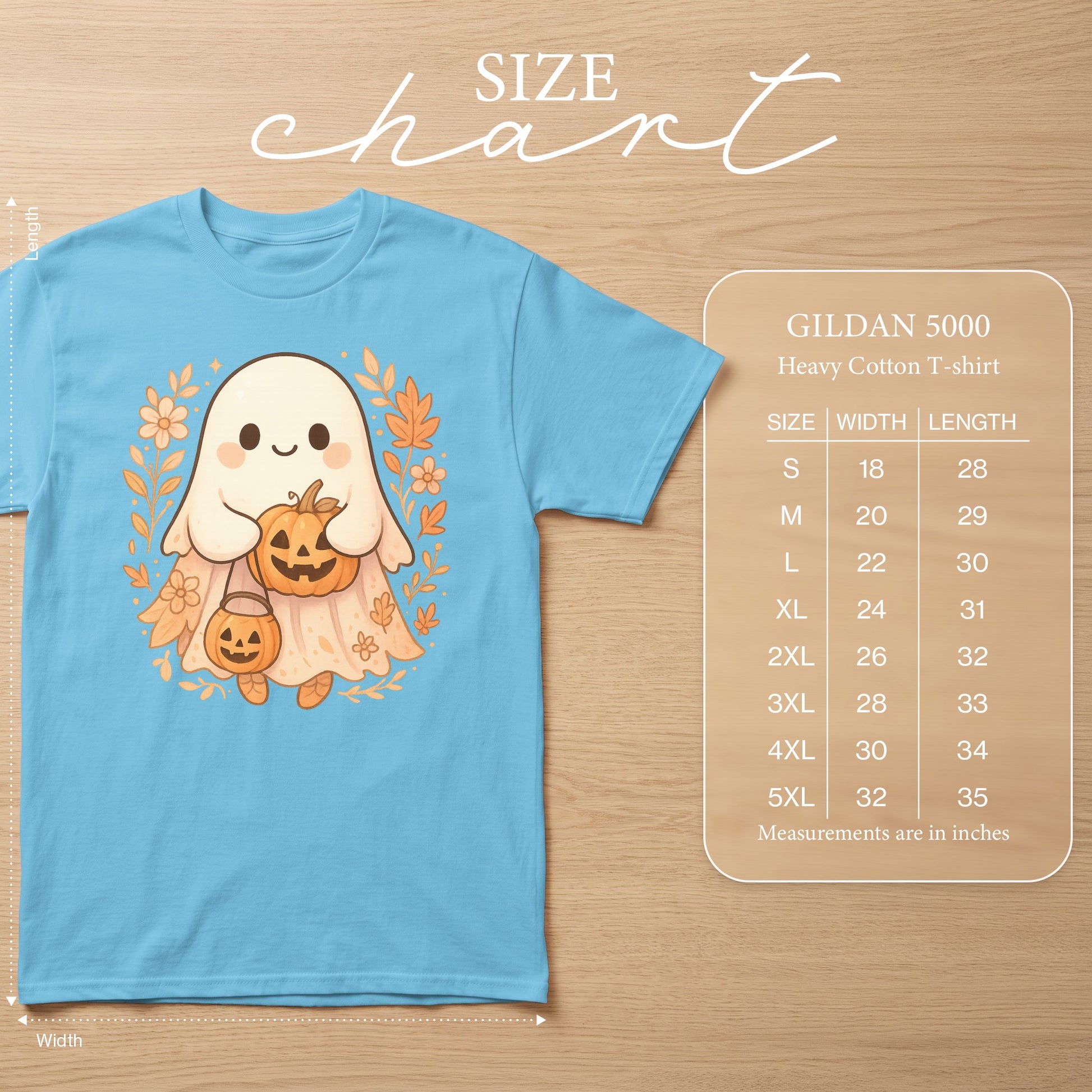 Light blue t-shirt with ghost graphic and Gildan 5000 size chart.