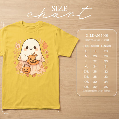 Yellow t-shirt with a cute ghost holding pumpkins, and a Gildan 5000 size chart.