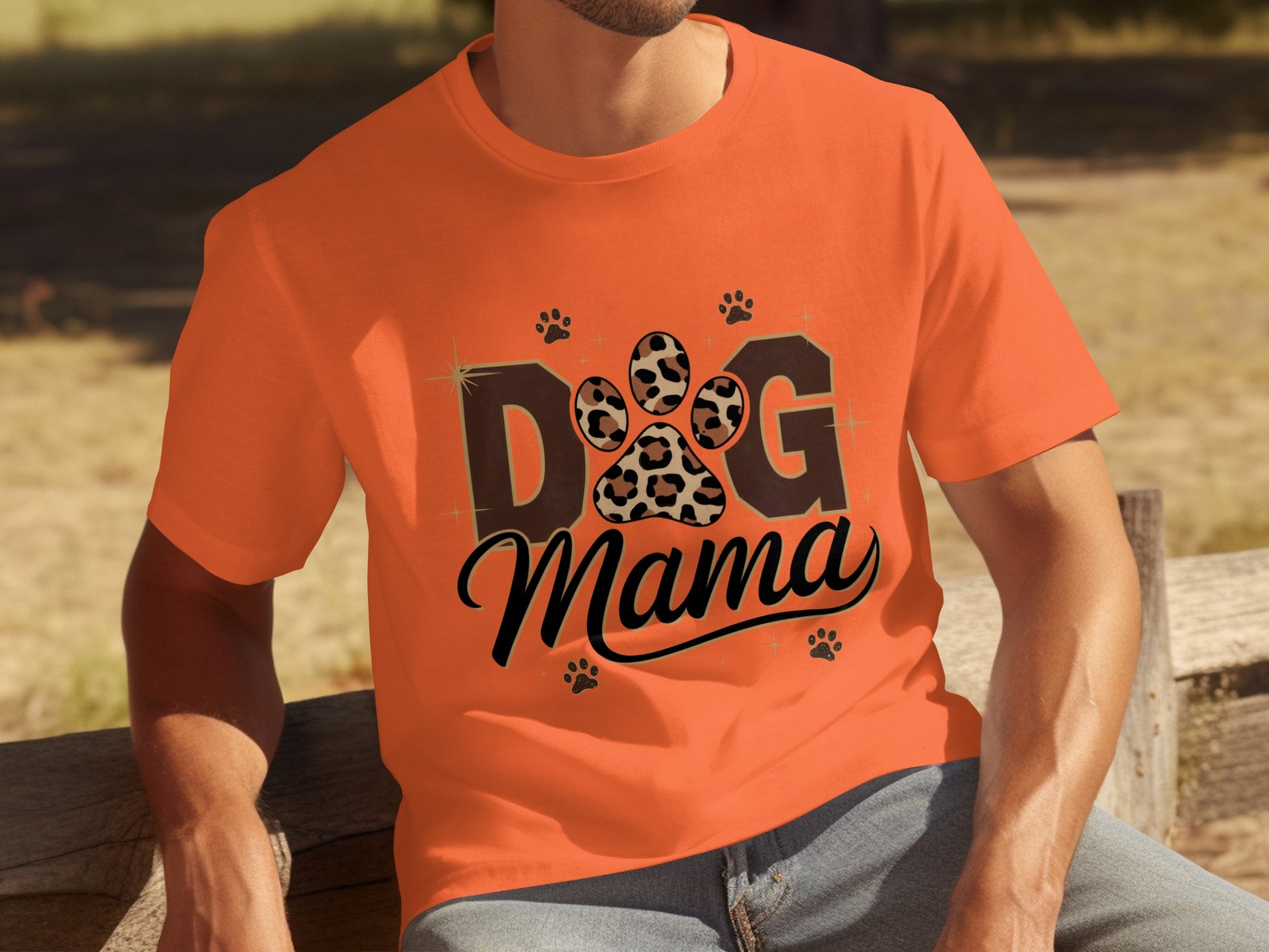 Bright Orange Dog Mama Leopard Print Paw T-Shirt