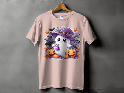 Pink t-shirt with a cute ghost wearing a witch hat and holding a drink.