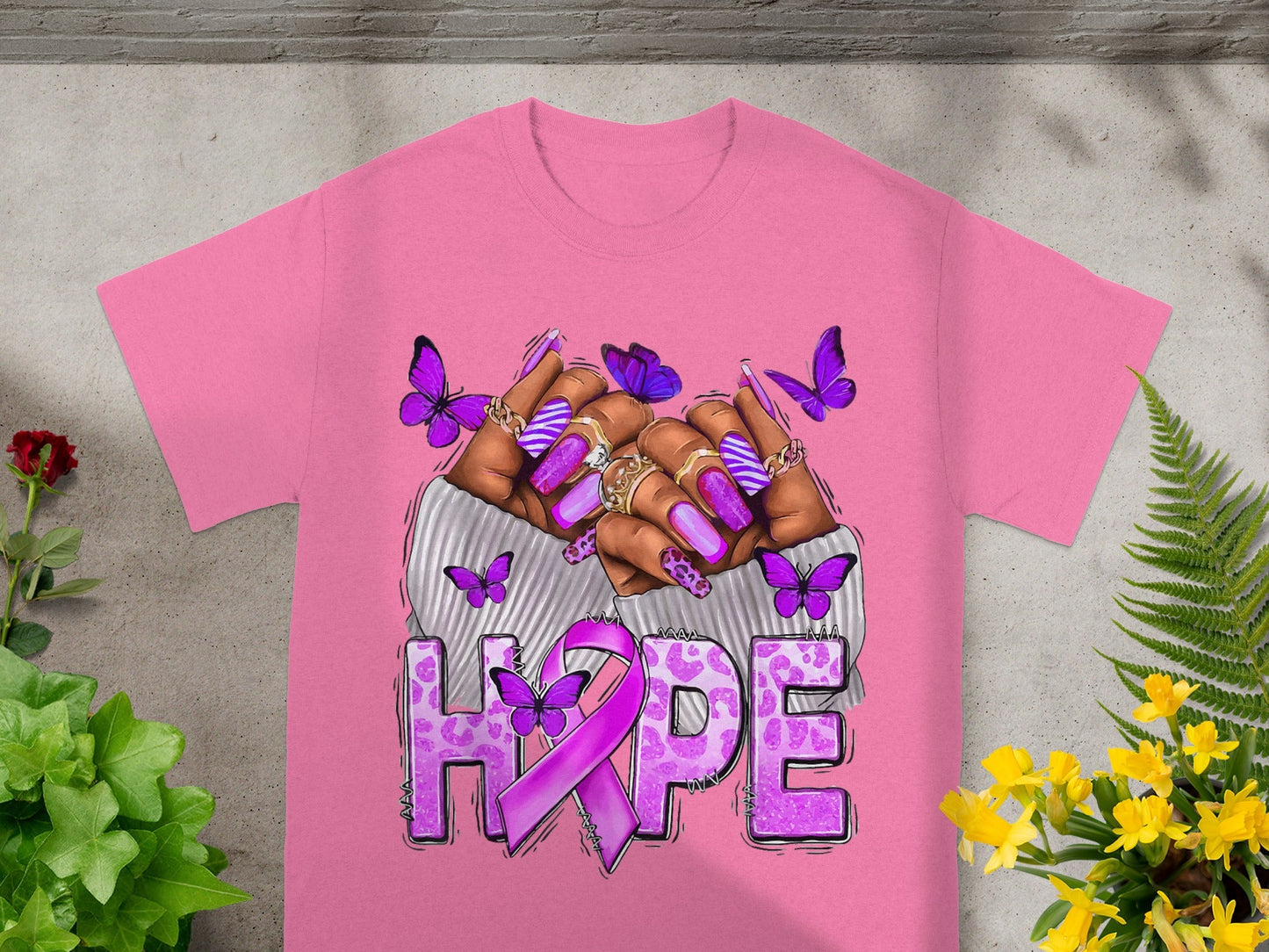 Pink HOPE with Butterflies and Nails Graphic T-shirt