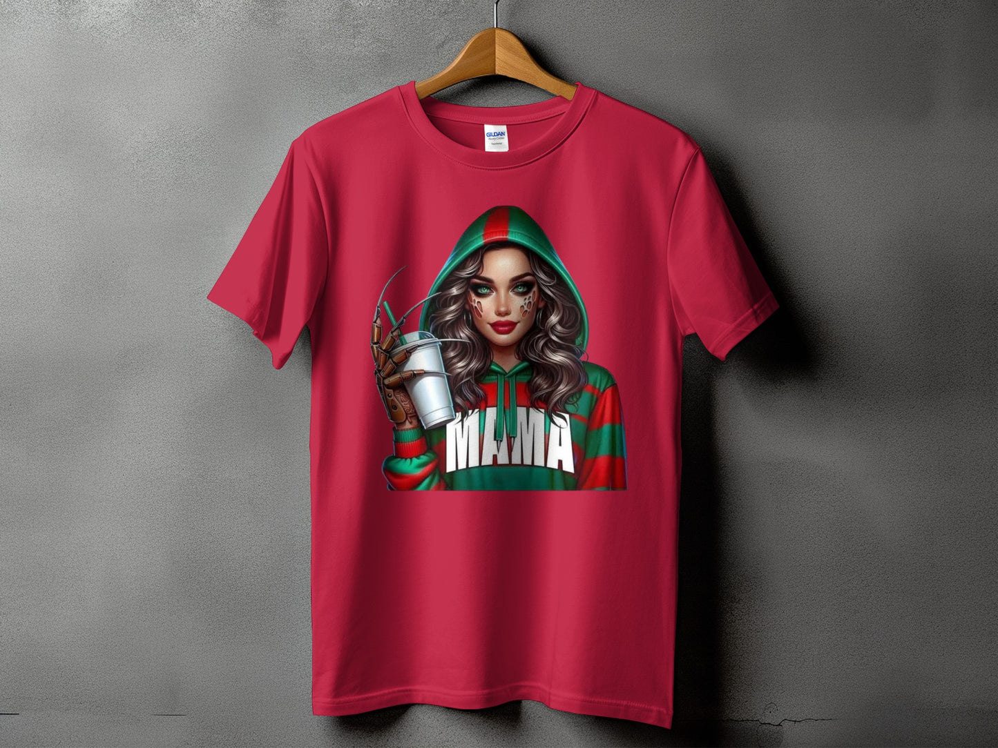 Red t-shirt with a graphic of a woman in a green hooded sweatshirt with "MAMA" in white letters.
