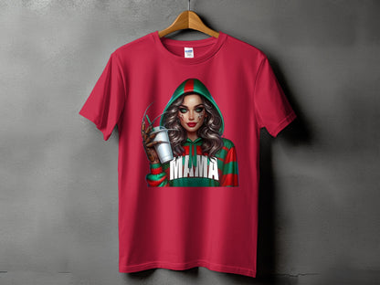 Red t-shirt with a graphic of a woman in a green hooded sweatshirt with "MAMA" in white letters.