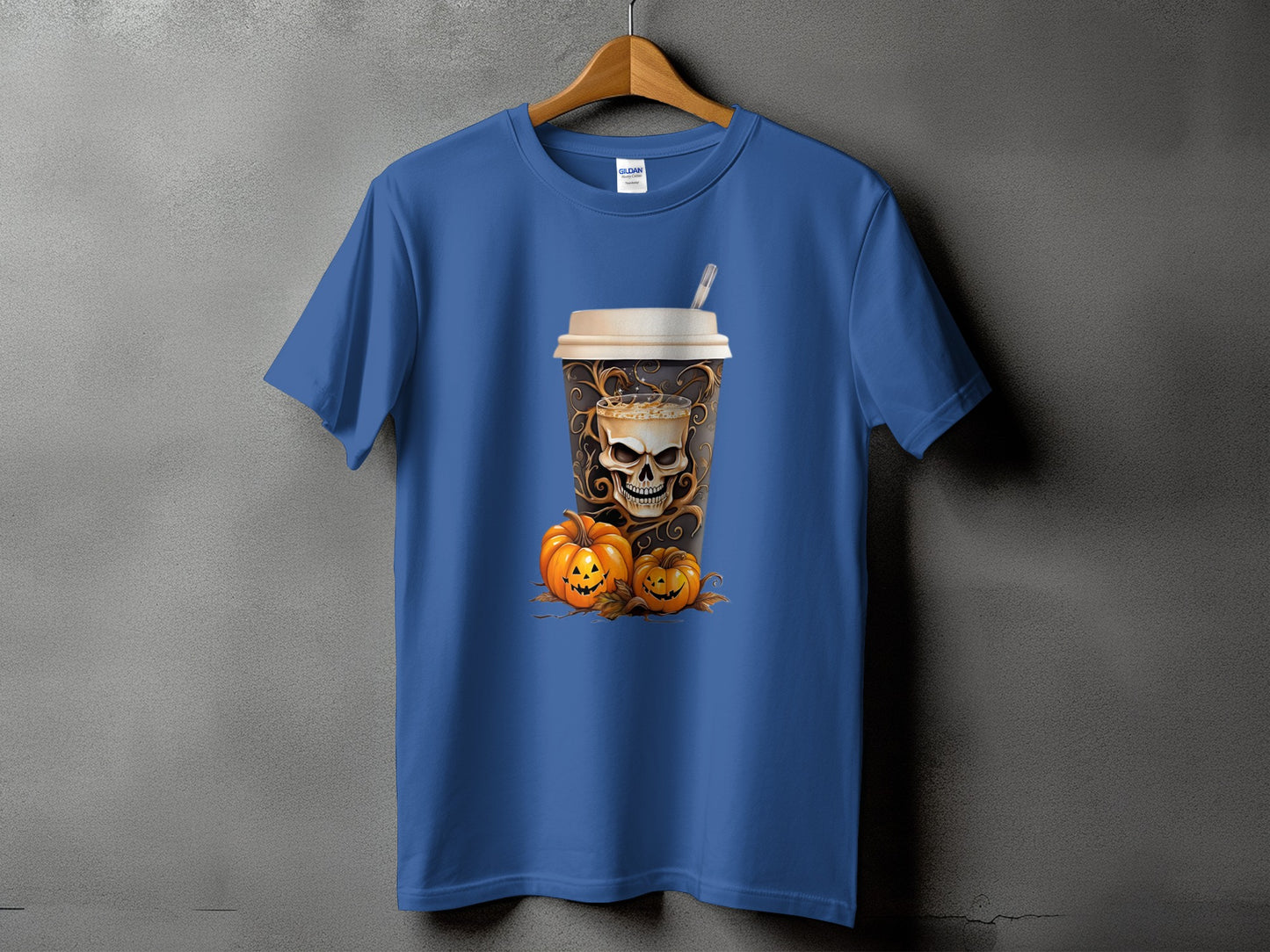 Blue t-shirt with skull coffee cup and jack-o'-lanterns graphic.
