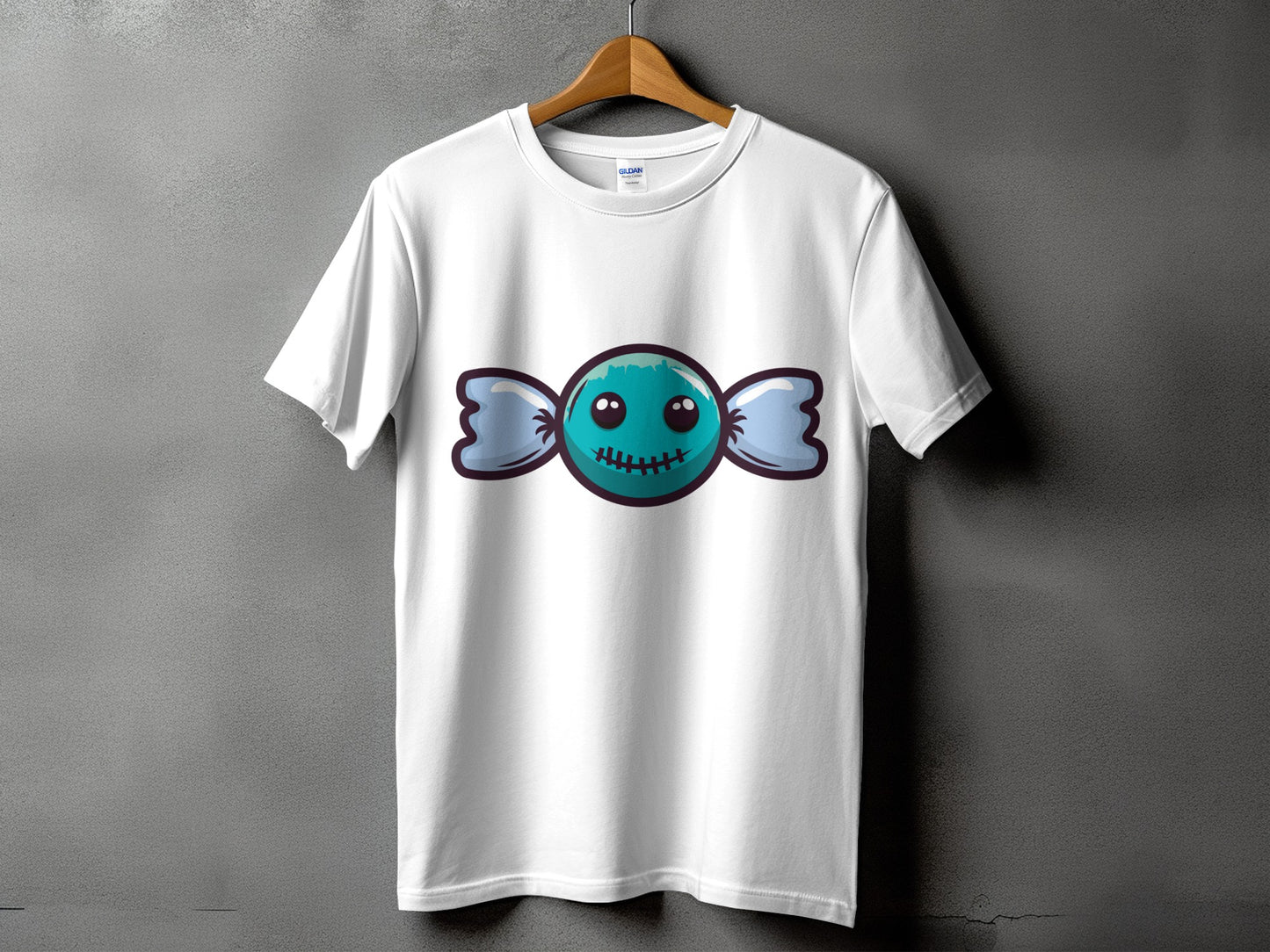 White t-shirt with a smiling blue candy graphic and a Gildan tag.