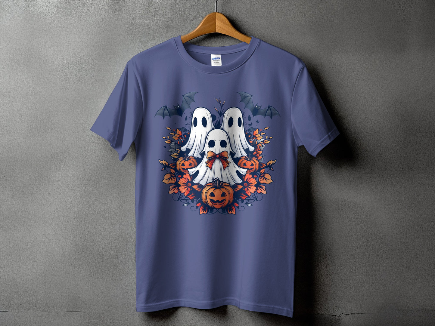 Purple t-shirt featuring three ghosts, pumpkins, bats, and floral Halloween graphics.