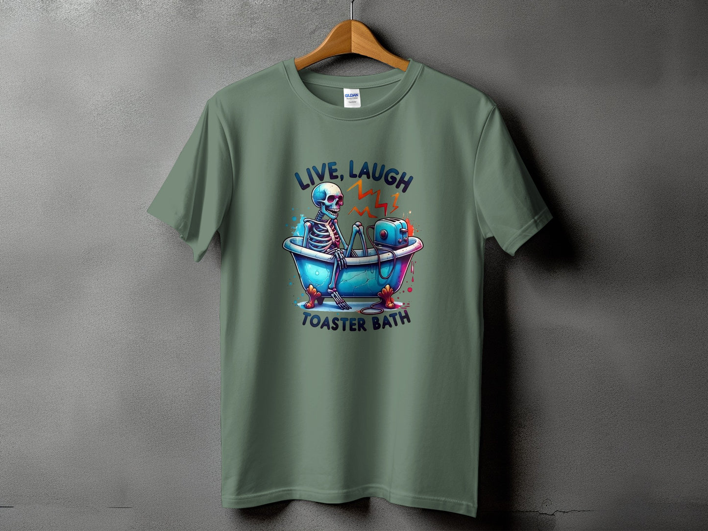 Green t-shirt with skeleton in bathtub and toaster, text says "Live, Laugh, Toaster Bath".
