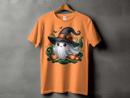 Orange t-shirt with a cute ghost wearing a witch hat and pumpkins.