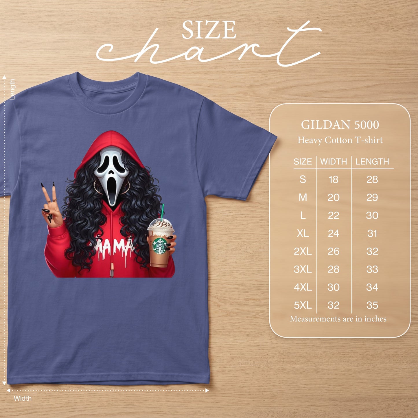Gildan 5000 heavy cotton t-shirt with ghost face, "Mama" text, and Starbucks drink.