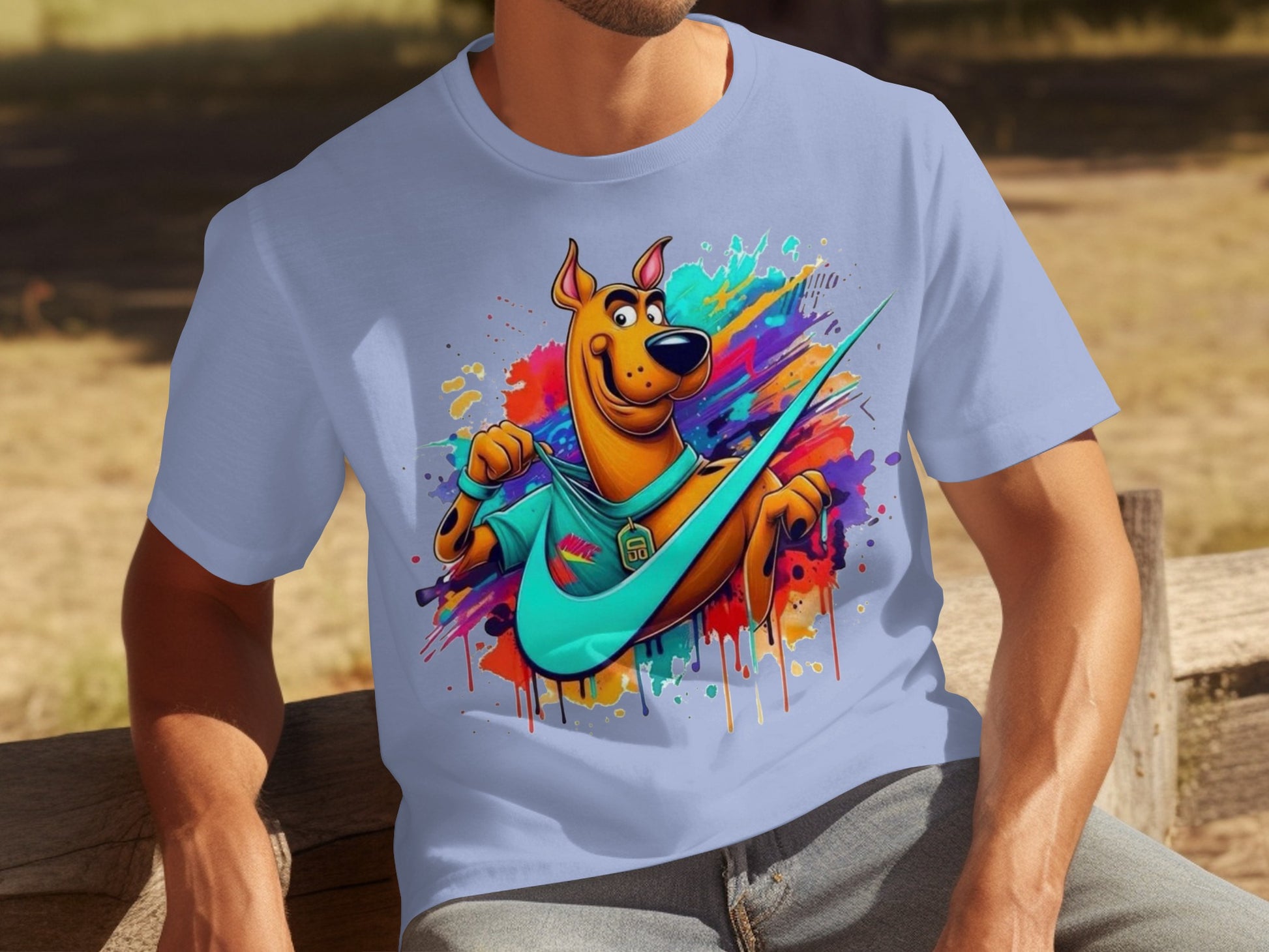 Colorful Scooby-Doo Graphic Design on Light Blue Shirt